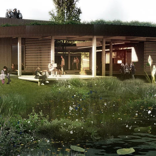 Visualisering af Aalbæk Klyngehuset med træfacade og omringet af skøn natur