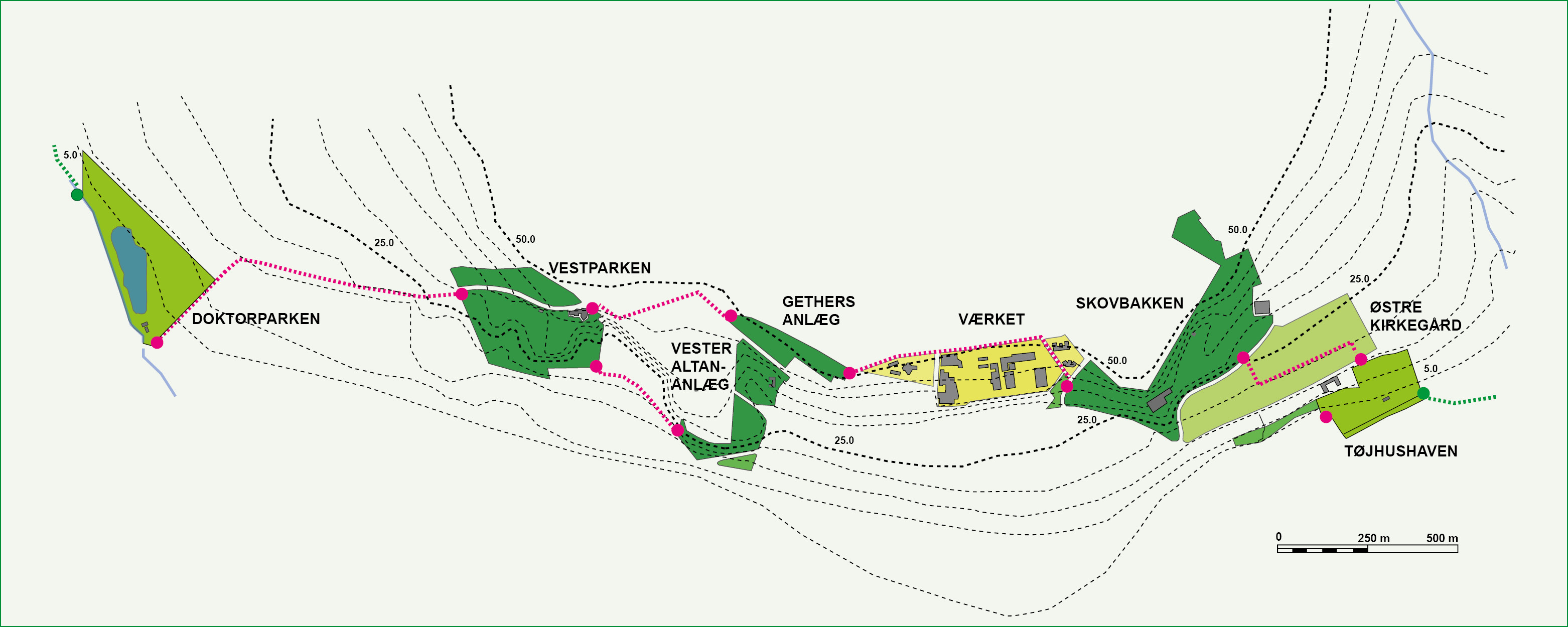 Kort over de fem områder med byparker