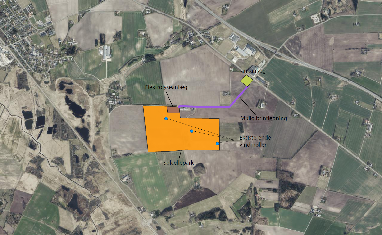 Ansøgt placering af solcellepark, elektrolyseanlæg og tankanlæg ved Purhus